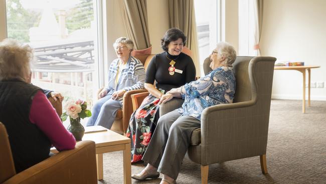 Resthaven Leabrook resident Colleen Smith with staff member Shah Naz and resident Noela Long. Picture supplied by Resthaven.