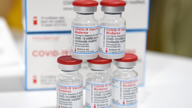 Vials of the Moderna Covid-19 vaccine are pictured at a pharmacy. Pharmacies have began administering the Moderna vaccine to anyone over 12 years-old. Picture: NCA NewsWire / Dan Peled