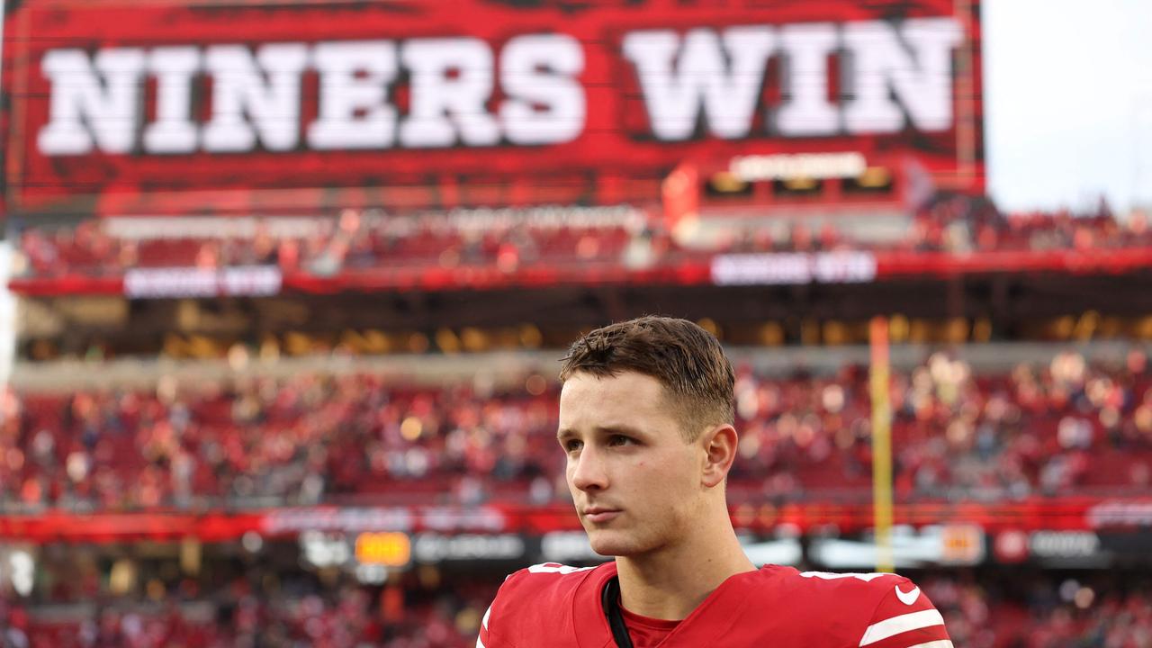 A frequent sight in 2023: Brock Purdy after a Niners victory. (Photo by EZRA SHAW / GETTY IMAGES NORTH AMERICA / Getty Images via AFP)