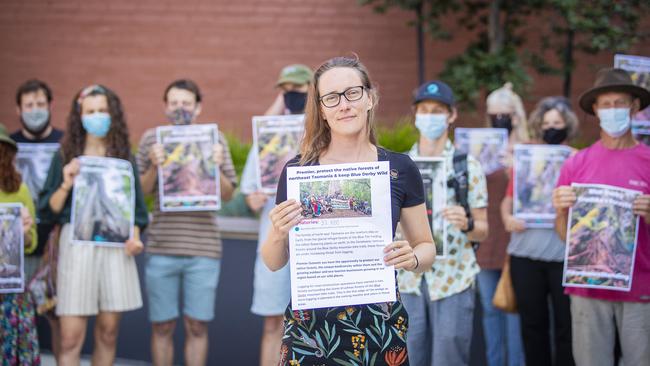 Dr Jennifer Sanger at the Executive Building with a petition organised by Blue Derby Wild of more than 31,900 calling for the protection of Krushka's forests at which timber harvesting commenced this week. Picture: Richard Jupe