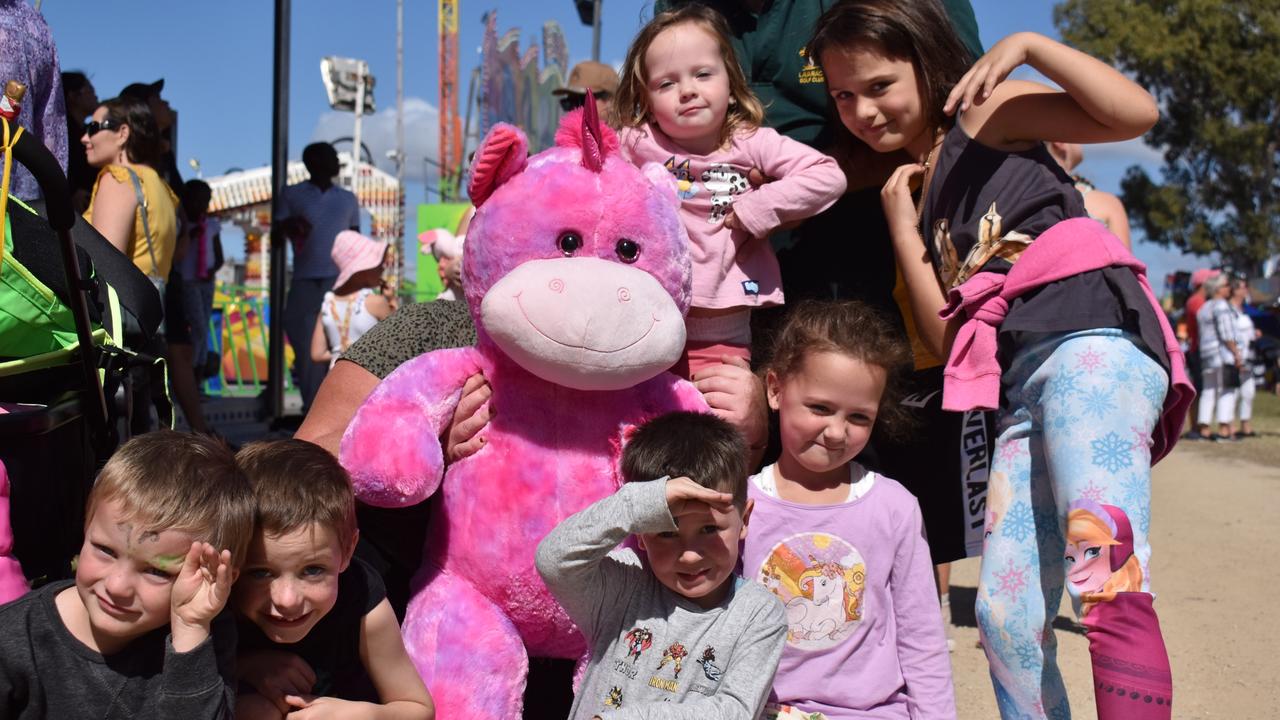 Liam Bell, Lachlan Bell, Lucas McDowell, Hayley McDowell, Ruby McDowell, and Lilly Bell of Bowen and Townsville won a mega prize in sideshow alley. Picture: Kirra Grimes