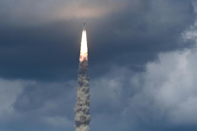 A rocket carrying India's Chandrayaan-3 spacecraft lifts off on July 14, 2023