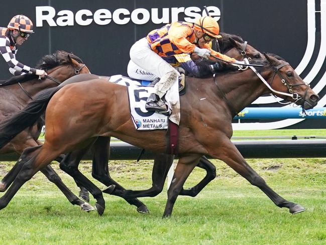 Welwal (GB) ridden by Luke Currie wins the Manhari Kevin Heffernan Stakes at Caulfield Racecourse on November 30, 2024 in Caulfield, Australia. (Photo by Scott Barbour/Racing Photos via Getty Images)