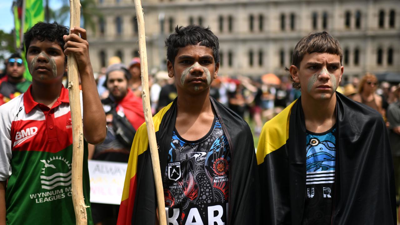 Protesters take part in an Invasion Day rally and march in Brisbane, coinciding with Australia Day. Picture: NCA Newswire / Dan Peled