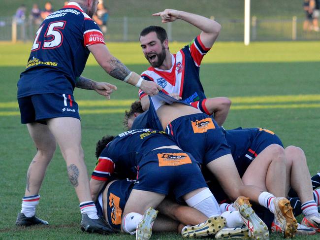 Nambucca players celebrate their victory. Nambucca Heads Roosters v Woolgoolga Seahorses in the 2024 Group 2 Rugby League first grade grand final at the Cex Coffs International Stadium. Picture: Leigh Jensen