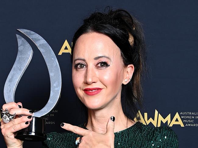 BRISBANE, AUSTRALIA - SEPTEMBER 27: Jane Gazzo poses for photographs after receiving the Music Journalist Award during the Australian Women in Music Awards at the Tivoli on September 27, 2023 in Brisbane, Australia. (Photo by Albert Perez/Getty Images)