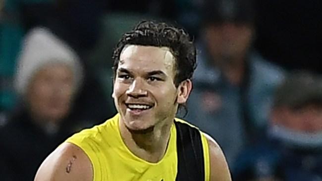 ADELAIDE, AUSTRALIA - AUGUST 06: Daniel Rioli of the Tigers celebrates a goal during the round 21 AFL match between the Port Adelaide Power and the Richmond Tigers at Adelaide Oval on August 06, 2022 in Adelaide, Australia. (Photo by Mark Brake/Getty Images)