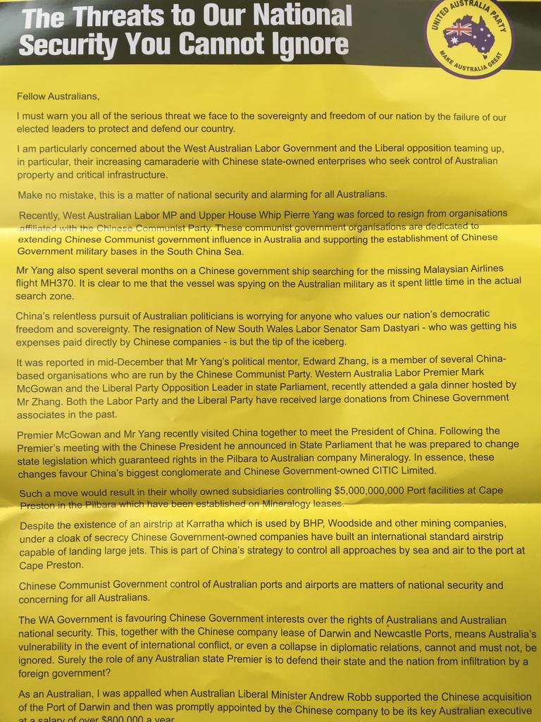 The flyer alleges Chinese officials are interested in buying Australian ports in an effort to compromise national security.