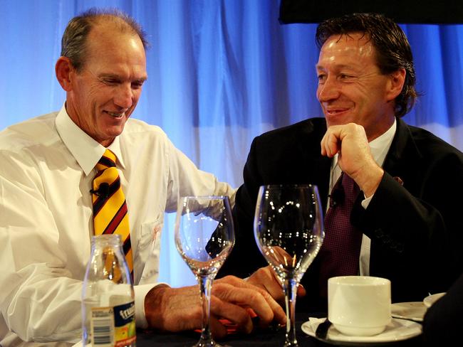Rival coaches Wayne Bennett and Craig Bellamy chat ahead of the 2006 NRL grand final.