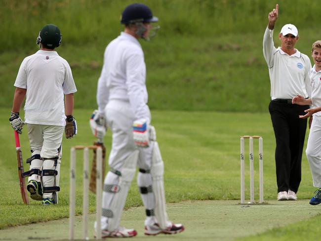 Conner Colbran celebrating a wicket during the under 15 Div 2 Junior cricket grand final between Cobbitty Narellan (batting) v Collegians at Stromferry Oval, St Andrews. Picture: Jonathan Ng