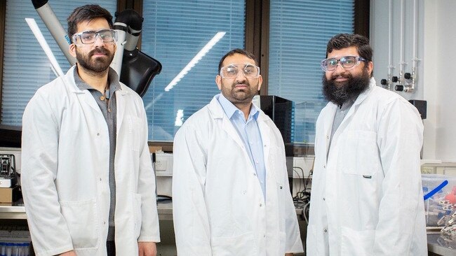 RMIT scientists, from left, Suraj Loomba, Dr Nasir Mahmood and Dr Muhammad Waqas Khan are part of the team working on making hydrogen out of seawater. Picture: RMIT