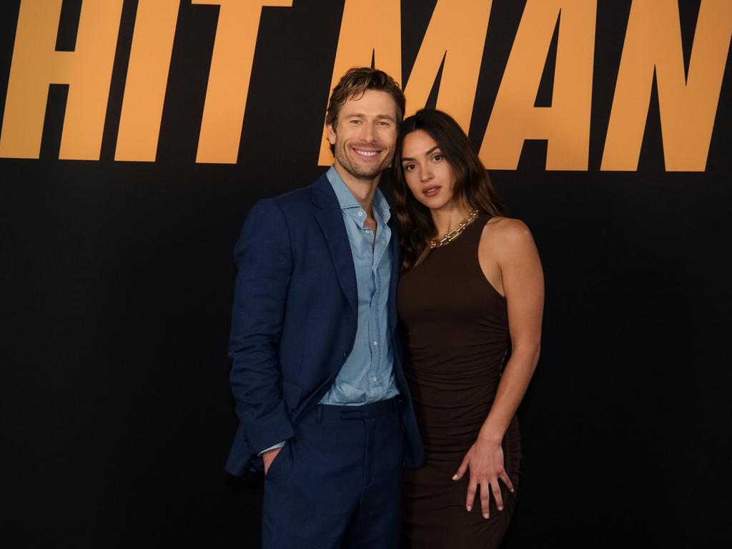 With Glen Powell – the pair co-starred in Netflix’s Hit Man. Picture: Getty Images