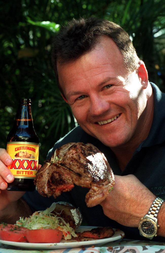 Trevor Gillmeister with the State of Origin T-bone steak at the Hotel in 1998. Picture: Steve Pohlner