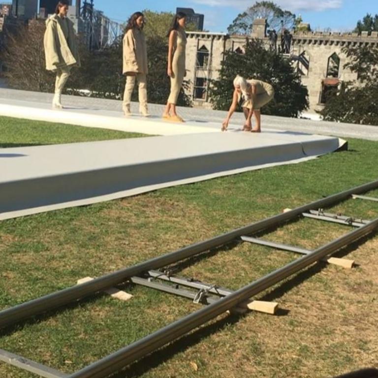 Model Amina Blue has a shoe mishap on the runway at the Kanye West Yeezy Season 4 fashion show. Picture: Instagram