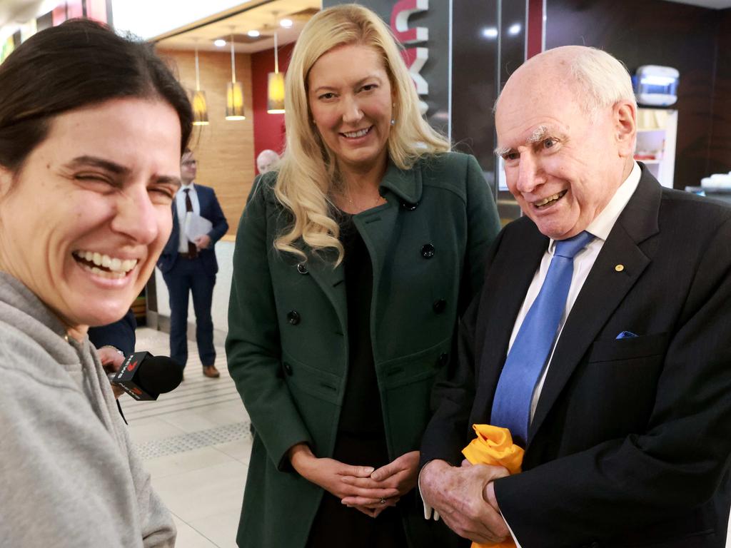 John Howard on a shopping centre walk with Rachel Swift this morning at the Mitcham Shopping Centre Picture: Kelly Barnes