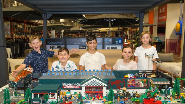 Mackinley and Cameron Bacon, Isiah Giannikouri, Sebastian &amp; Tobeas Kapser- Wotton have constructed a to scale replica of the Darwin Bunnings. Picture: Glenn Campbell