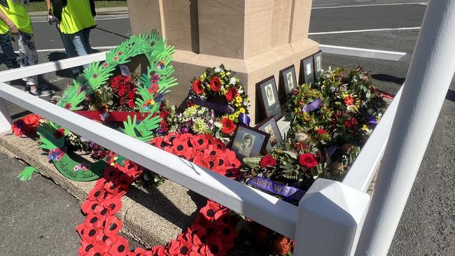 Wreaths laid at the Upper Coomera cenotaph during the 2024 Anzac Day service. Picture: Keith Woods.