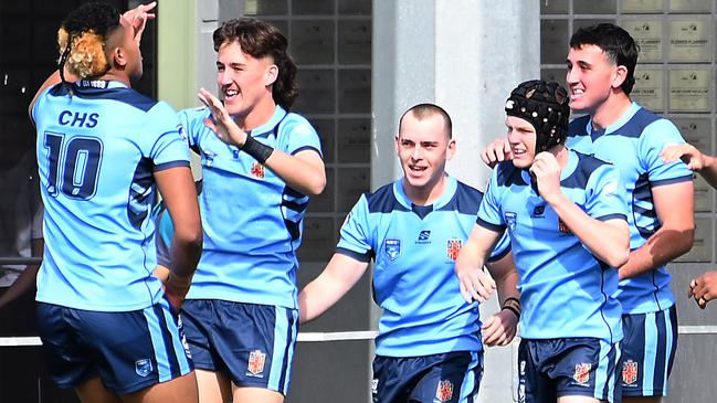 NSWCHS celebrate a tryNSWCIS Vs NSWCHS in the ASSRL national championships in Redcliffe.Saturday July 1, 2023. Picture, John Gass