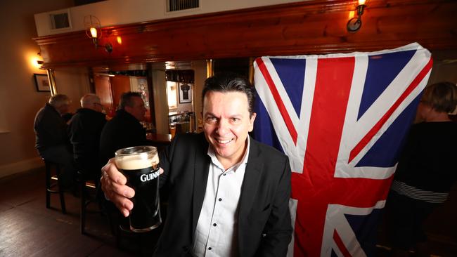 Senator Nick Xenophon at the British Hotel in North Adelaide after discovering he was a British Citizen by way of his father’s Cyprian heritage. Photo Tait Schmaal.