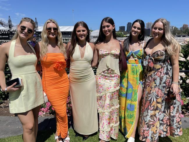 Chloe, Claudia, Sarah, Makayla, Zoe and Jacqueline at the 2024 Oaks Day. Picture: Himangi Singh.