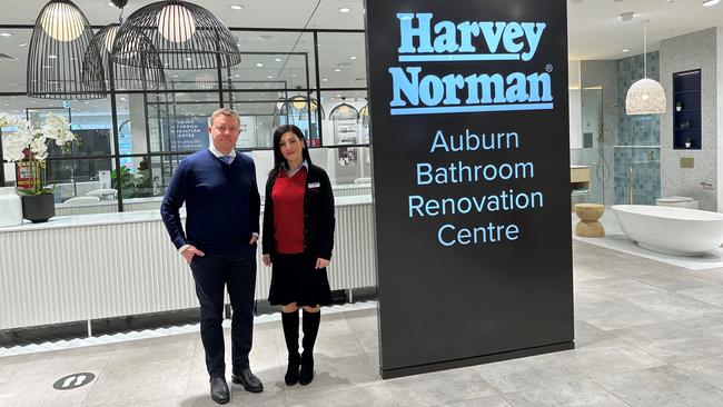 Harvey Norman Auburn bathroom proprietor Michael Sobol and sales specialist Natalie Tisano.