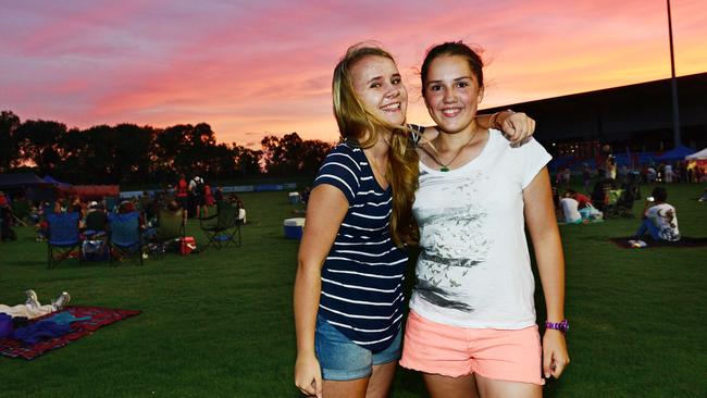 Julie Karlsrud (left), 17, of Norway, and Keana Lomas, 14, of Flinders View celebrated New Year’s Eve in 2012 at North Ipswich Reserve. Picture: David Nielsen