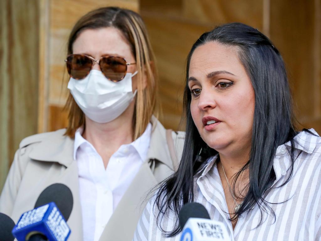 Victim Jacquelyn and her friend speak to police about the brutal assault outside Box Hill police station. Picture: Tim Carrafa