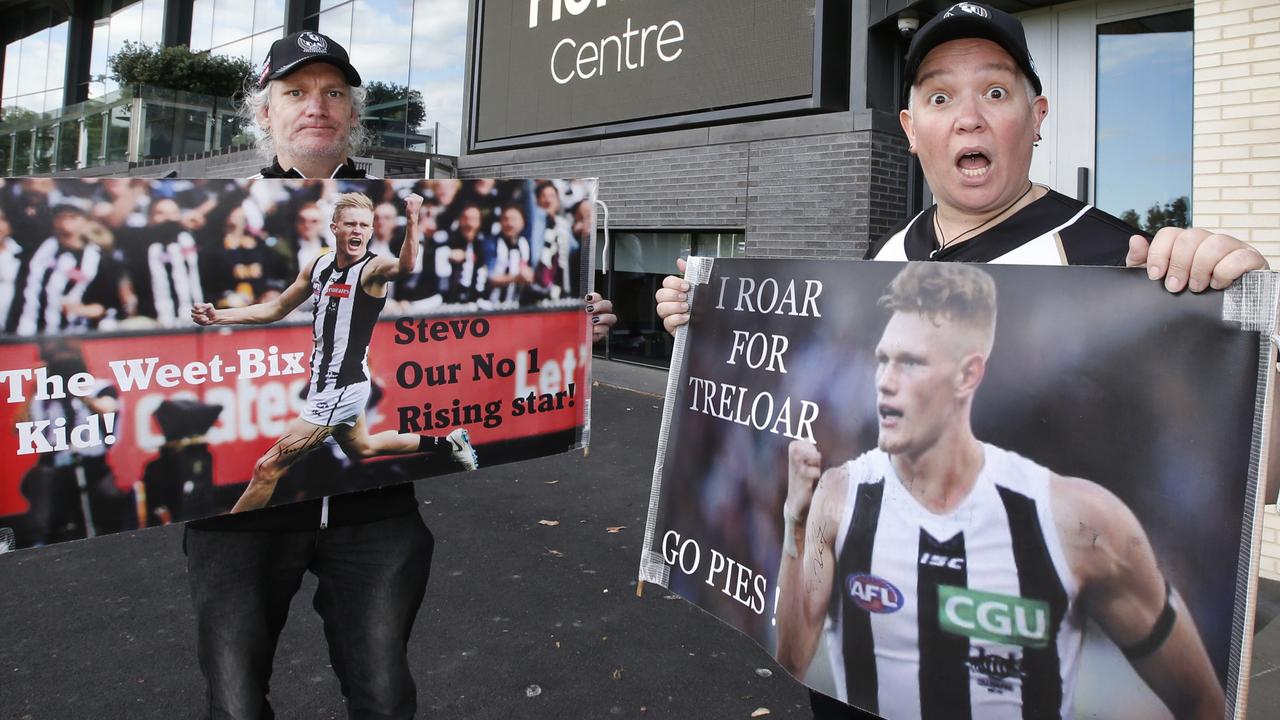 Collingwood fans protest outside the Pies home base. Picture: David Caird