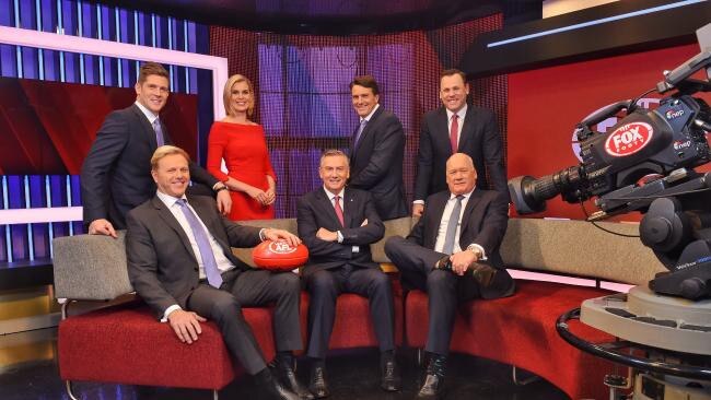 Foxtel Personalties at the Melbourne studio. Nick Dal Santo, Dermott Brereton, Sarah Jones, Eddie McGuire, Paul Roos, David King and Mark Maclure. (Picture: Tony Gough)