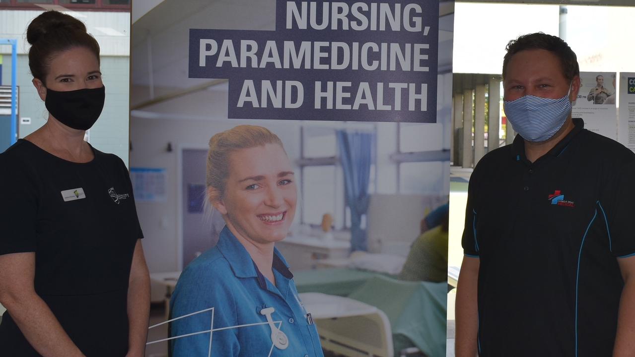 CQ University Diploma of Nursing teacher Jessica Nikolsky (left) and occupational health technician Andrew Harrison from Mount Pleasant at CQ University TAFE Expo. Mr Harrison wants to advance his health career, deciding between a Bachelor of Allied Health or Diploma in Nursing. Picture: Madeleine Graham