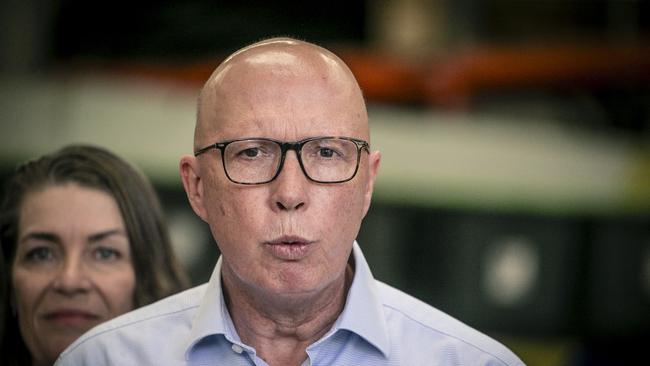 BRISBANE, AUSTRALIA - NewsWire Photos - MARCH 13, 2025: The Leader of the Opposition Peter Dutton speaks during a media event at the HQ of Disaster Relief Australia in Hendra, QLD.Picture: NewsWire / Glenn Campbell