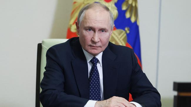 Russia's President Vladimir Putin chairs a Security Council meeting via videoconference at the Novo-Ogaryovo state residence outside Moscow on March 14, 2025. Picture: AFP