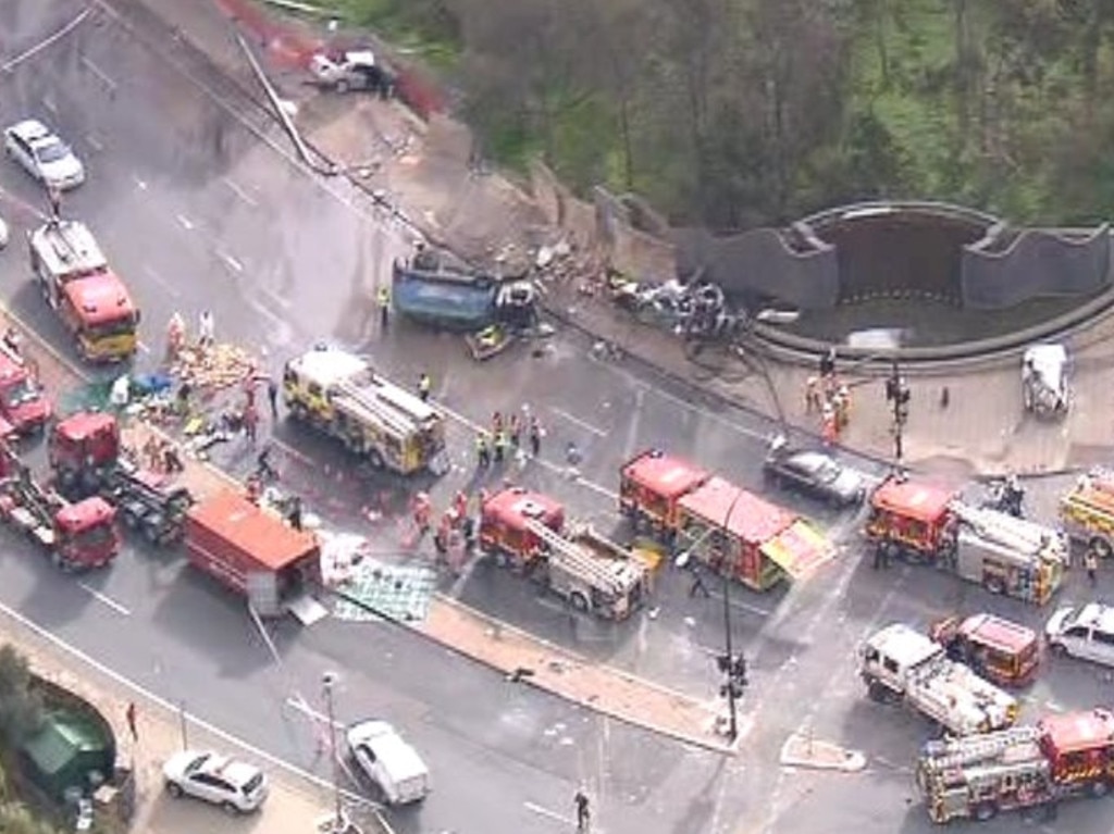 An aerial shot of the horror truck smash at the bottom of the freeway. Picture: Ten Eyewitness News chopper