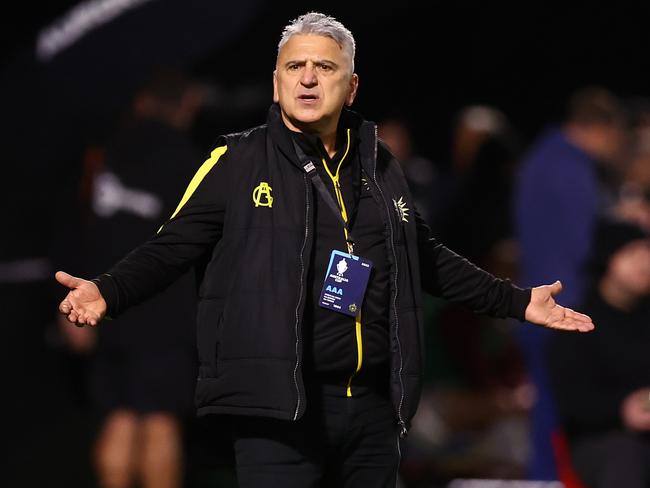 MELBOURNE, AUSTRALIA - JULY 27: Heidelberg United Head Coach George Katsakis reacts during the Australia Cup Rd of 32 match between Heidelberg United FC and Brisbane Roar FC at Olympic Village on July 27, 2022 in Melbourne, Australia. (Photo by Graham Denholm/Getty Images)