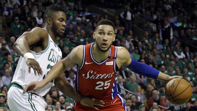 Philadelphia 76ers guard Ben Simmons (25) drives against Boston Celtics forward Semi Ojeleye (37) in the first quarter of Game 1 of an NBA basketball second-round playoff series, Monday, April 30, 2018, in Boston. (AP Photo/Elise Amendola)