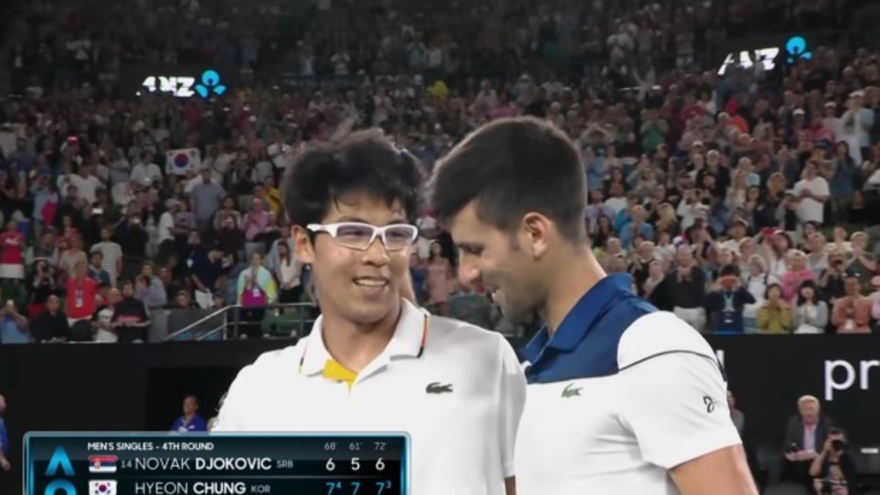 Hyeon Chang beat Novak Djokovic in straight sets while wearing glasses in the fourth round of the Australian Open in 2018. Picture: Supplied