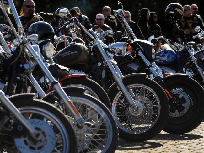 Members of 14 NSW outlaw motorcycle gangs gather at Moore Park as part of the United Motorcycle Council for a Legalise Freedom ride, Sydney, Saturday, June 13, 2009. The clubs represented were Hells Angels, Bandidos, Rebels, Comanchero, Nomads, Finks, Black Uhlans, Vietnam Veterans, Phoenix, Grave Diggers, Outcasts, Life and Death, Gods Squad and Bikers for Christ. (AAP Image/Dean Lewins) NO ARCHIVING