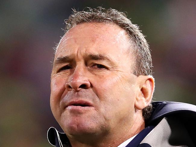 CANBERRA, AUSTRALIAN CAPITAL TERRITORY - MAY 13:  Raiders coach Ricky Stuart watches on during the round 10 NRL match between the Canberra Raiders and the Cronulla Sharks at GIO Stadium on May 13, 2018 in Canberra, Australia.  (Photo by Mark Kolbe/Getty Images)