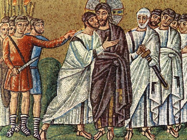 A 6th-century mosaic in Ravenna showing Judas betraying Jesus with a kiss.