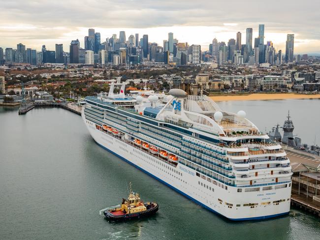 MELBOURNE, AUSTRALIA - SEPTEMBER 15: The Coral Princess arriving into Melbourne on September 15, 2022 in Melbourne, Australia. Princess Cruises' Coral Princess is the first cruise liner to sail into Melbourne after more than two years. (Photo by James D. Morgan/Getty Images for Princess Cruises)