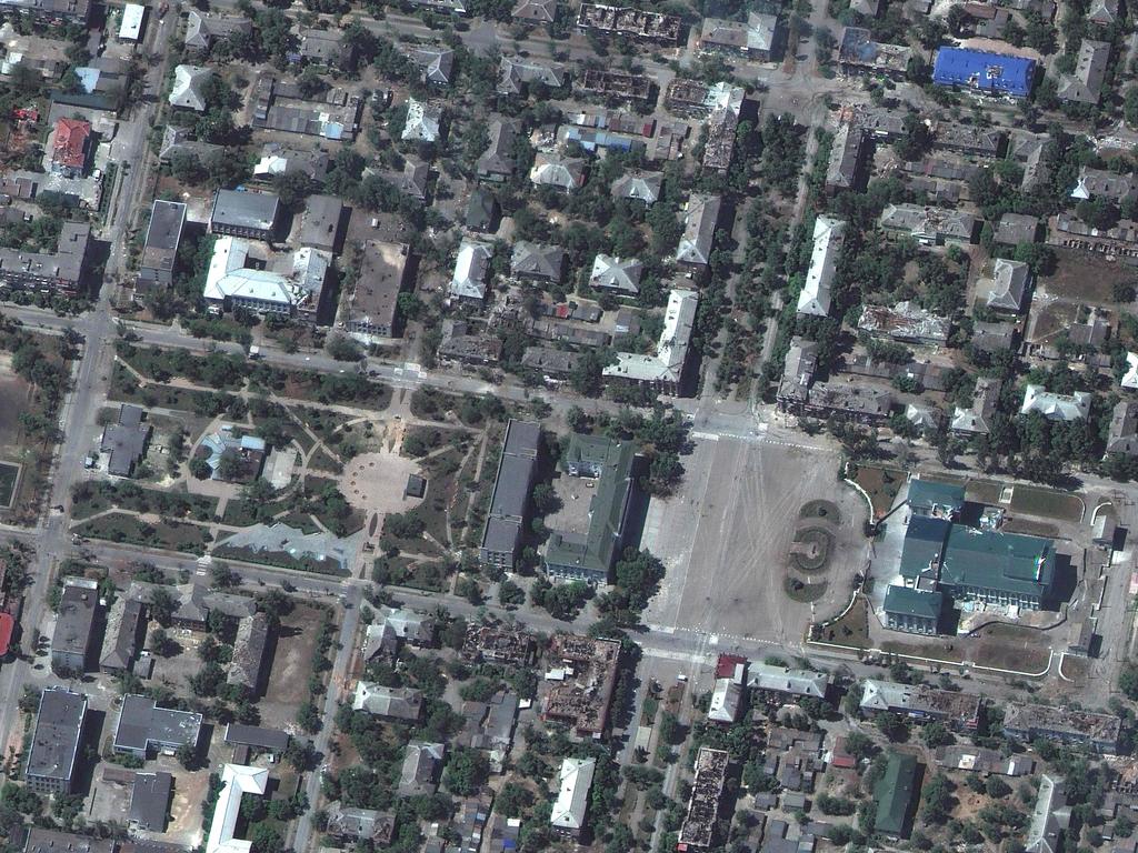 This satellite image released by Maxar Technologies on June 7, 2022 shows damaged buildings in downtown Severodonetsk.