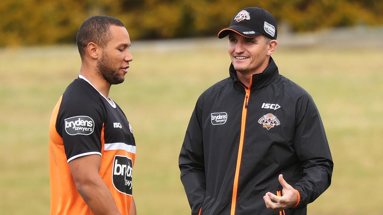 Wests Tigers coach Ivan Cleary talks with Moses Mbye after it emerged the Panthers were keen to lure him. Picture: Brett Costello