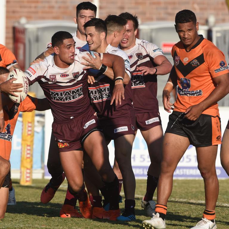 Rugby League Gold Coast A grade grand final between Burleigh and Southport at Pizzey Park. Burleigh's Darius Farmer scores a try. (Photo/Steve Holland)