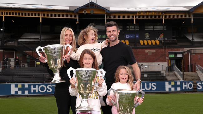 Cotchin with wife Brooke and their children Parker, Harper and Mackenzie at Punt Road. Picture: Kelly Defina/Getty Images