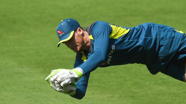 Peter Handscomb pictured at Australian training at the Dr. Y.S. Rajasekhara Reddy ACA – VDCA Cricket Stadium in Visakhapatnam in February last year. (Photo by Dibyangshu SARKAR / AFP)