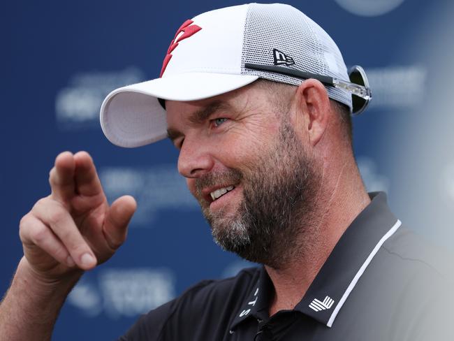 Golfers Marc Leishman talks at a press conference at Royal Queensland Golf club on Tuesday. Picture Lachie Millard