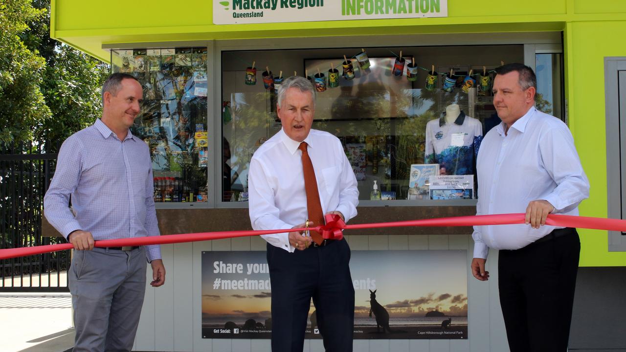 Mackay Tourism chief executive officer Tas Webber, Mackay Regional Council Mayor Greg Williamson and Mackay Airport general manager Garry Porter cut the ribbon at the new Mackay Visitor Information Kiosk at Bluewater Lagoon on Tuesday August 25.