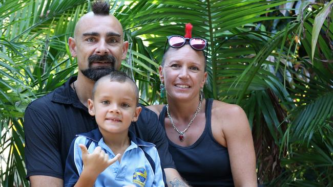 Dad Matt Corrigan with son, Dare Corrigan, and mum Claire Corrigan during Dare's first day of prep at Coolum State School in Coolum Beach, on January 22.