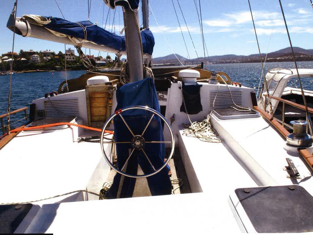 Tasmanian Police crime pictures of the Yacht "Four Winds" where they believe Bob Chappell was murdered while the boat was moored at Sandy Bay.