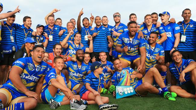 The Eels celebrate their win after the 2016 Auckland Nines final against the Warriors at Eden Park. Picture: Mark Evans